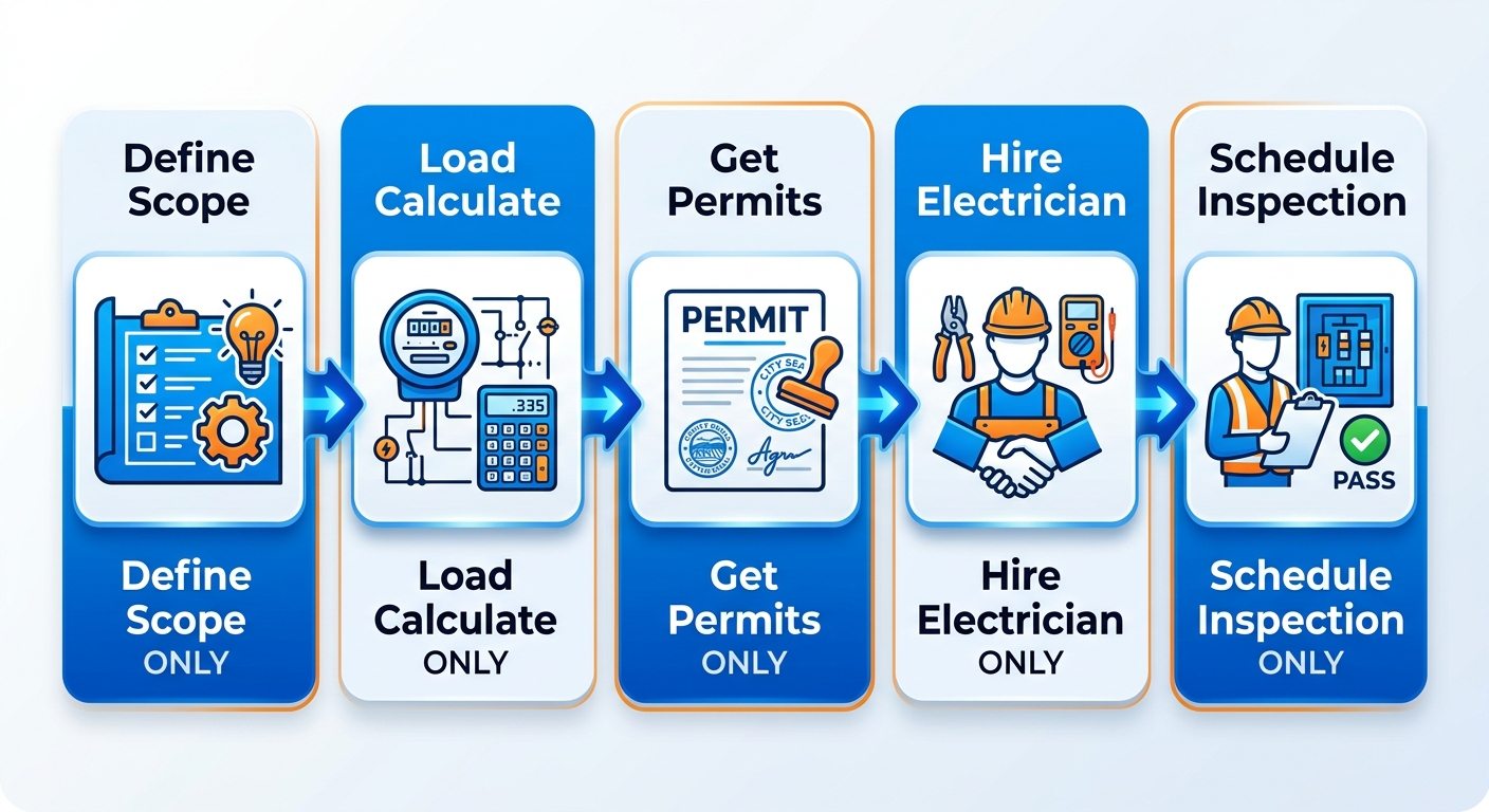A horizontal process flow diagram for starting an electrical project in Agoura Hills with five distinct stages.