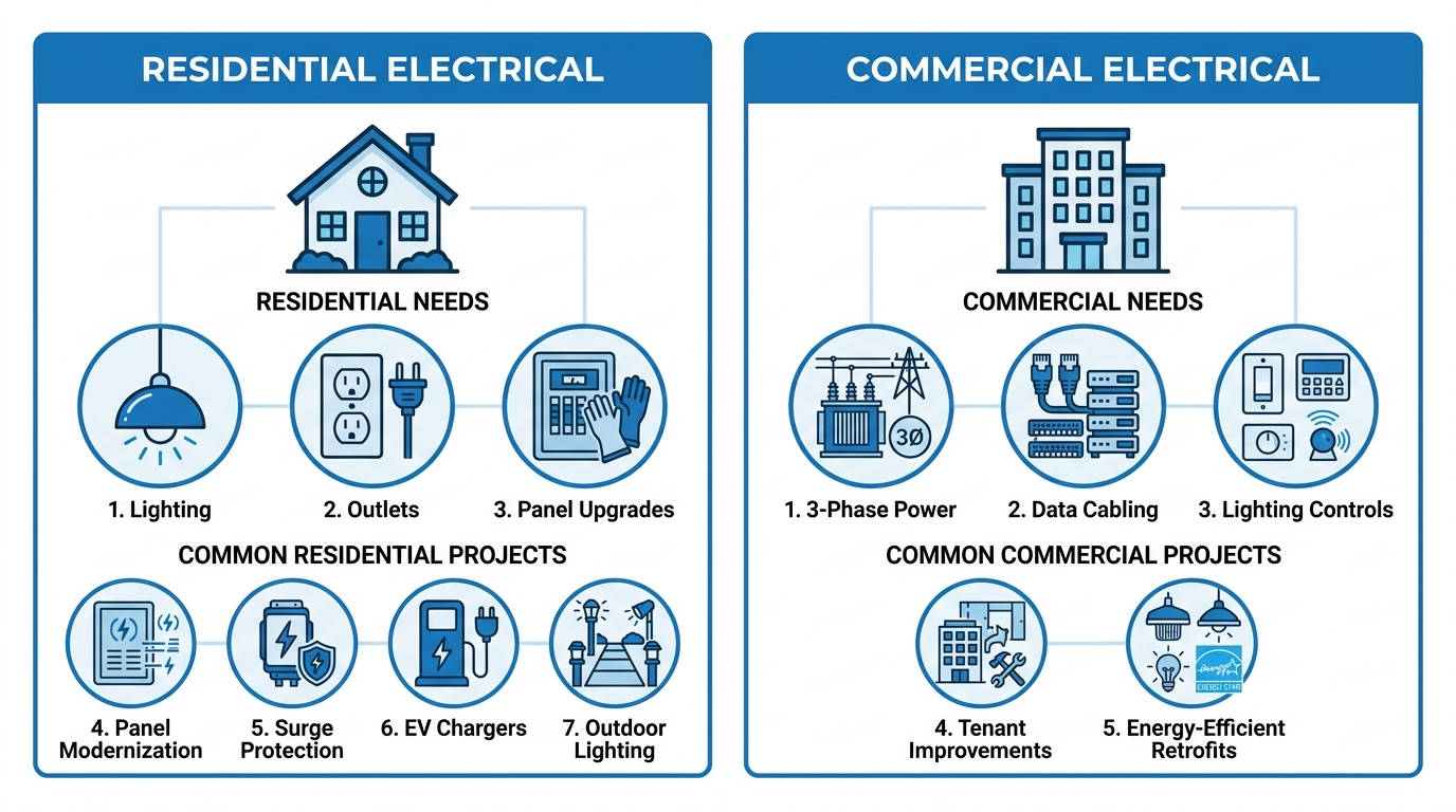 Infographic comparing residential and commercial electrical services in Agoura Hills with house and building icons and project icons