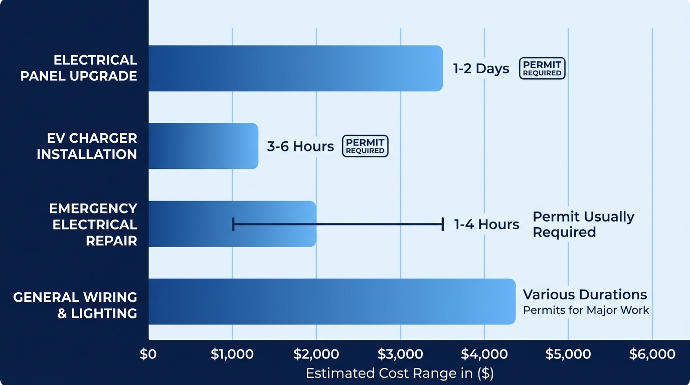 Horizontal bar chart comparing common electrical services in Simi Valley: Electrical Panel Upgrade, EV Charger Installation, Emergency Electrical Repair, General Wiring & Lighting. Y-axis lists services, X-axis shows estimated cost range in USD. Each bar annotated with typical duration and permit-required badge. Professional blue gradient, clean axis labels, and legend for cost/duration.