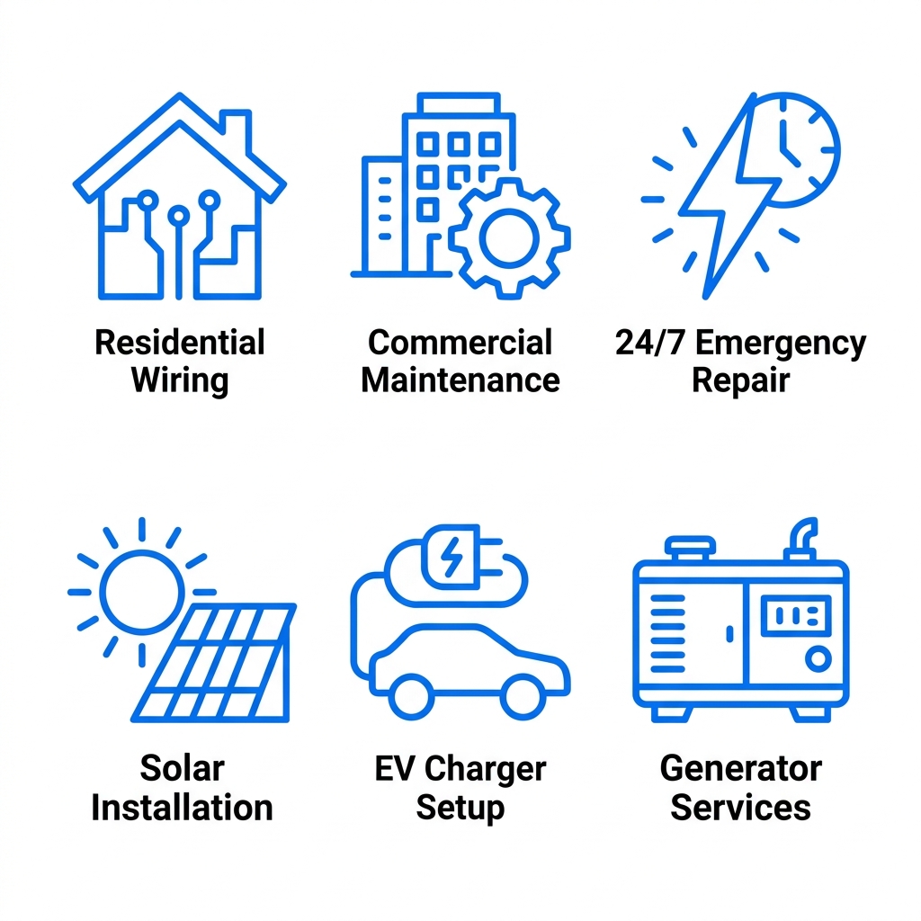 Six icons showing electrical services: wiring, maintenance, emergency repair, solar installation, EV charger, and generator