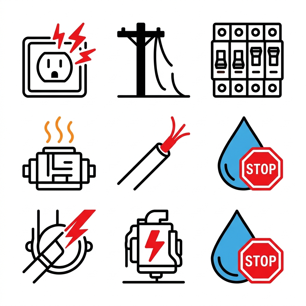 Set of 6 emergency electrical service icons: sparking outlet, downed power line, tripped breaker, burning smell, exposed wire, and water contact hazard arranged in a 2 by 3 grid outline style