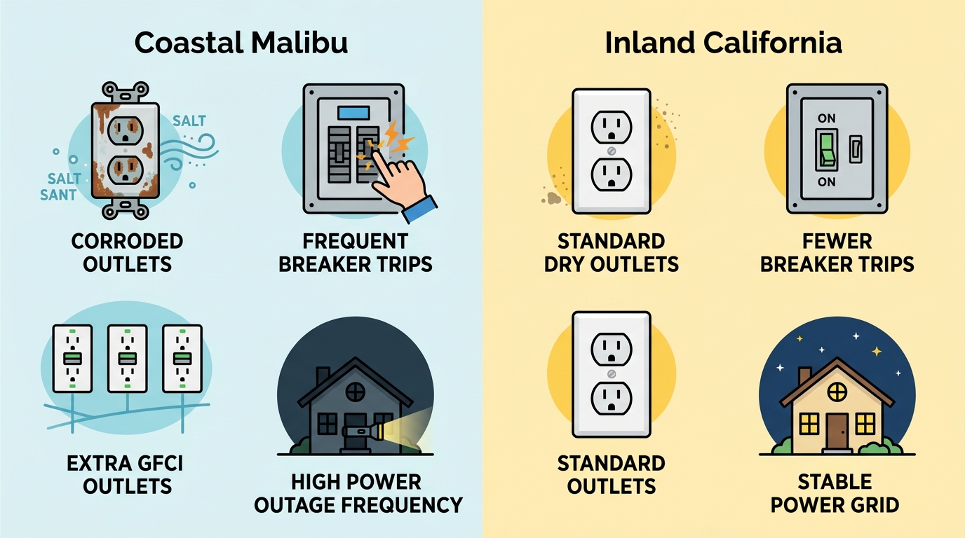 Infographic comparing coastal Malibu electrical challenges like corroded outlets and breaker trips versus inland California conditions.