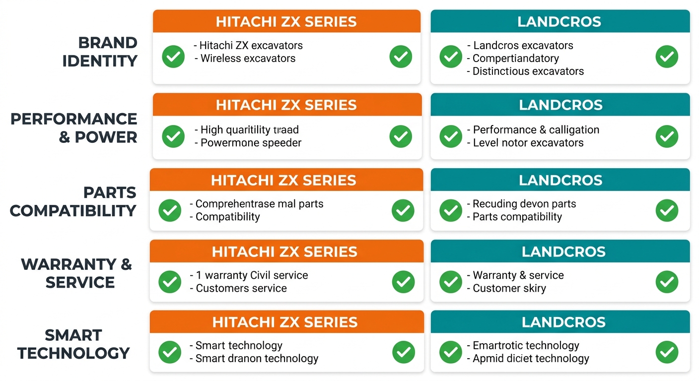 Feature comparison infographic: Current Hitachi ZX Series vs Landcros excavators after April 2027