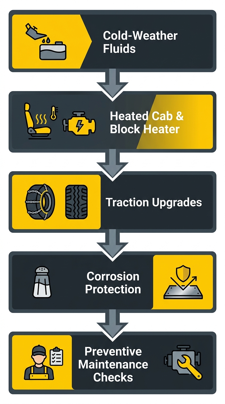 Vertical process flow diagram with five stages showing winterization steps for Landcros wheel loaders in Wisconsin, including cold weather fluids, heated cab, traction upgrades, corrosion protection, and preventive maintenance checks.