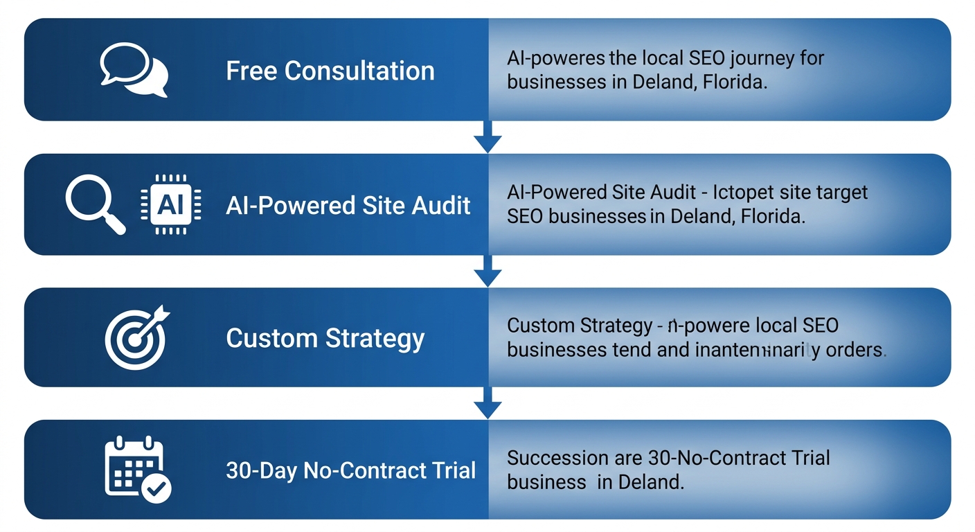 Vertical flow diagram: Free Consultation, AI-Powered Site Audit, Custom Strategy, 30-Day No-Contract Trial with downward arrows.