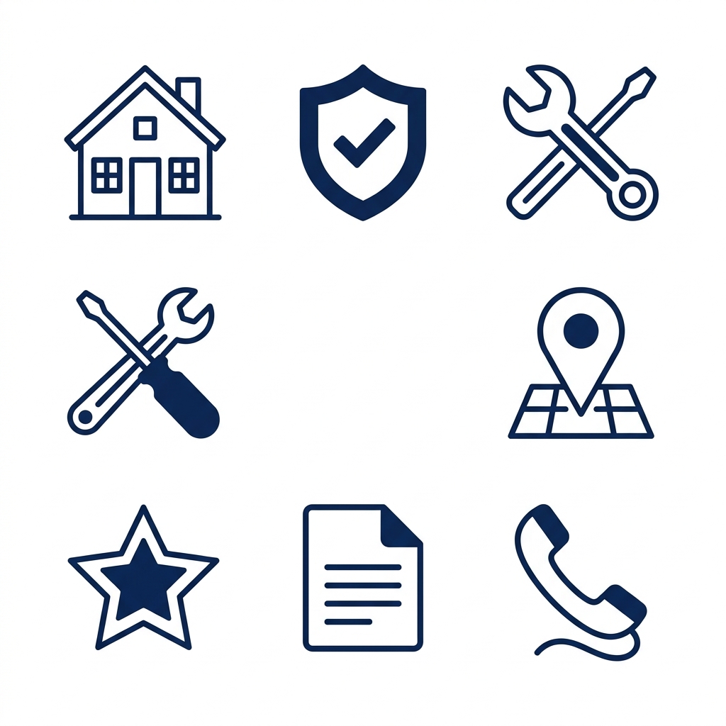 Icon set of 7 essential fire protection website pages: Home, About Us, Services, Service Areas, Testimonials, Blog, Contact, arranged in two rows on a white background.