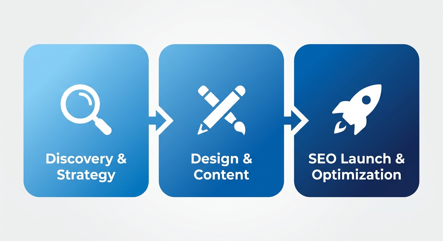 Three-stage process flow for a fire protection company website: Discovery & Strategy, Design & Content, SEO Launch & Optimization