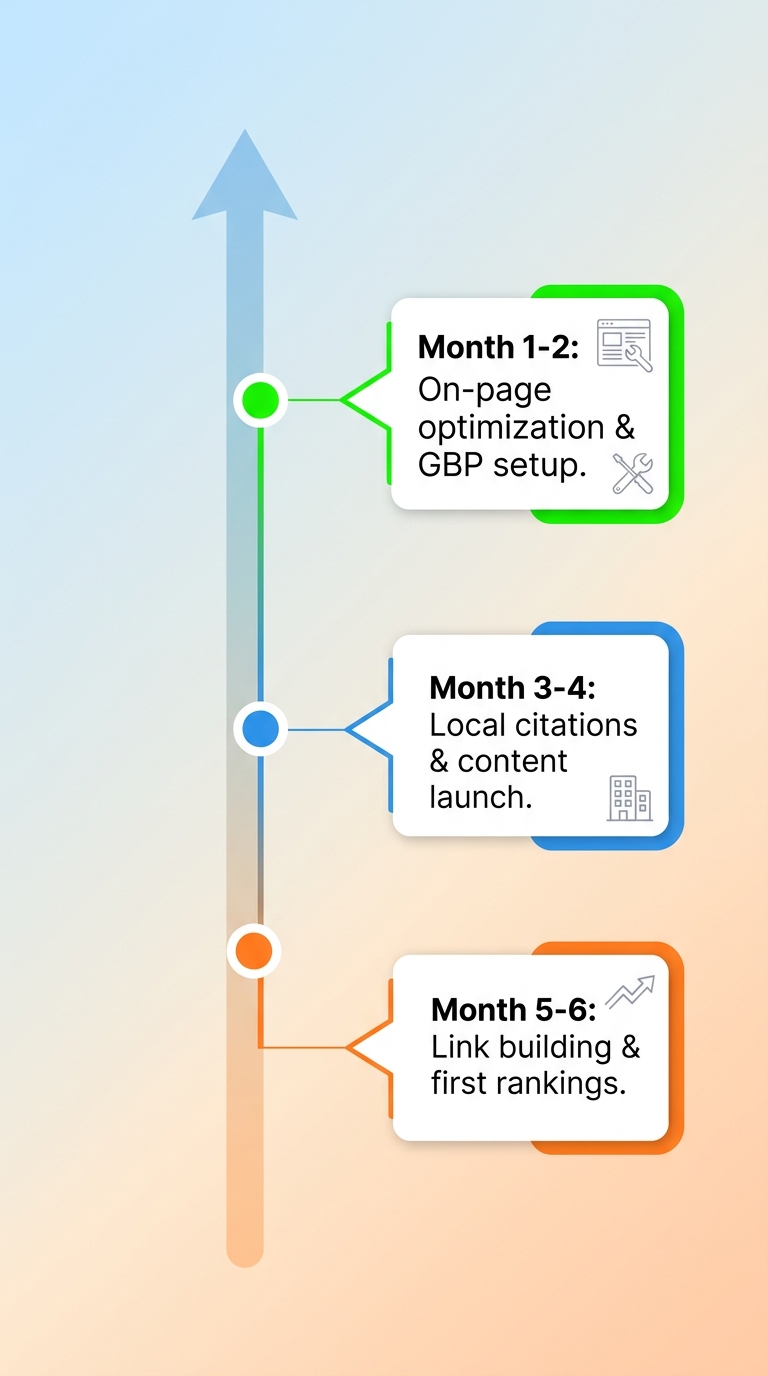 Vertical timeline showing HVAC SEO campaign progression over 6 months with three milestones: Month 1-2 on-page optimization and Google Business Profile setup in bright green, Month 3-4 local citation building and content strategy launch in blue, Month 5-6 link building and ranking improvements in orange. Gradient background, professional layout, upward arrow indicating growth.