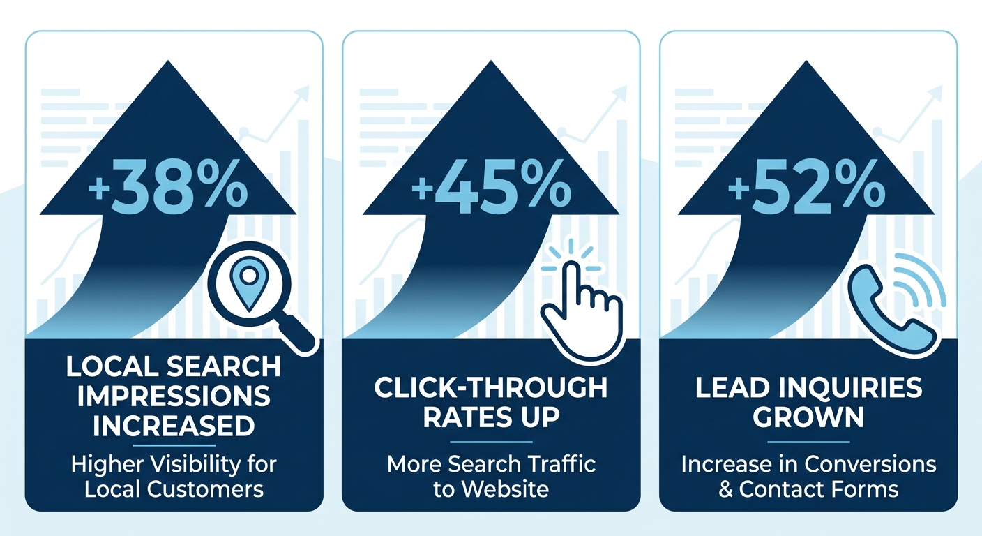 Infographic depicting improvements in local search impressions, higher click-through rates, and increased lead inquiries after 30 days of AI-powered SEO, with growth arrows and icons.