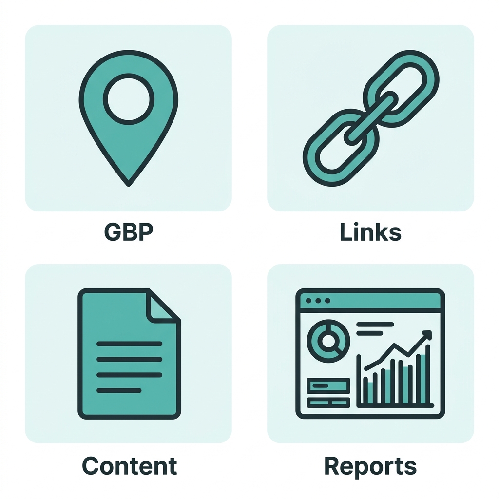 Set of four icons representing SEO services: location pin for Google Business Profile optimization, chain link for local link building, document page for content creation, and dashboard for transparent reporting