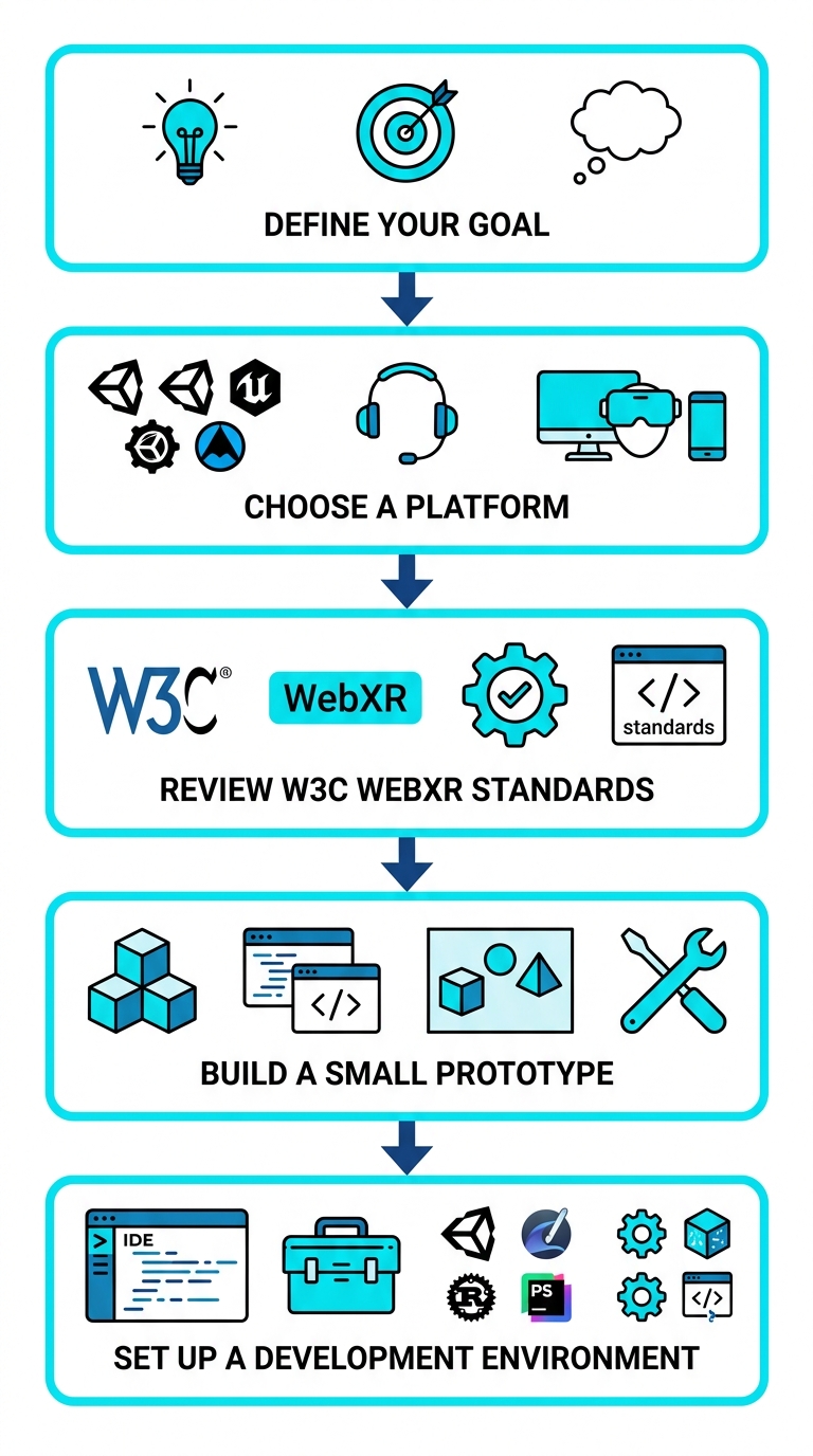 Vertical process flow diagram showing five steps for virtual world development: Define Your Goal, Choose a Platform, Review W3C WebXR Standards, Build a Small Prototype, Set Up a Development Environment, connected by downward arrows, using cyan, dark blue, and white.