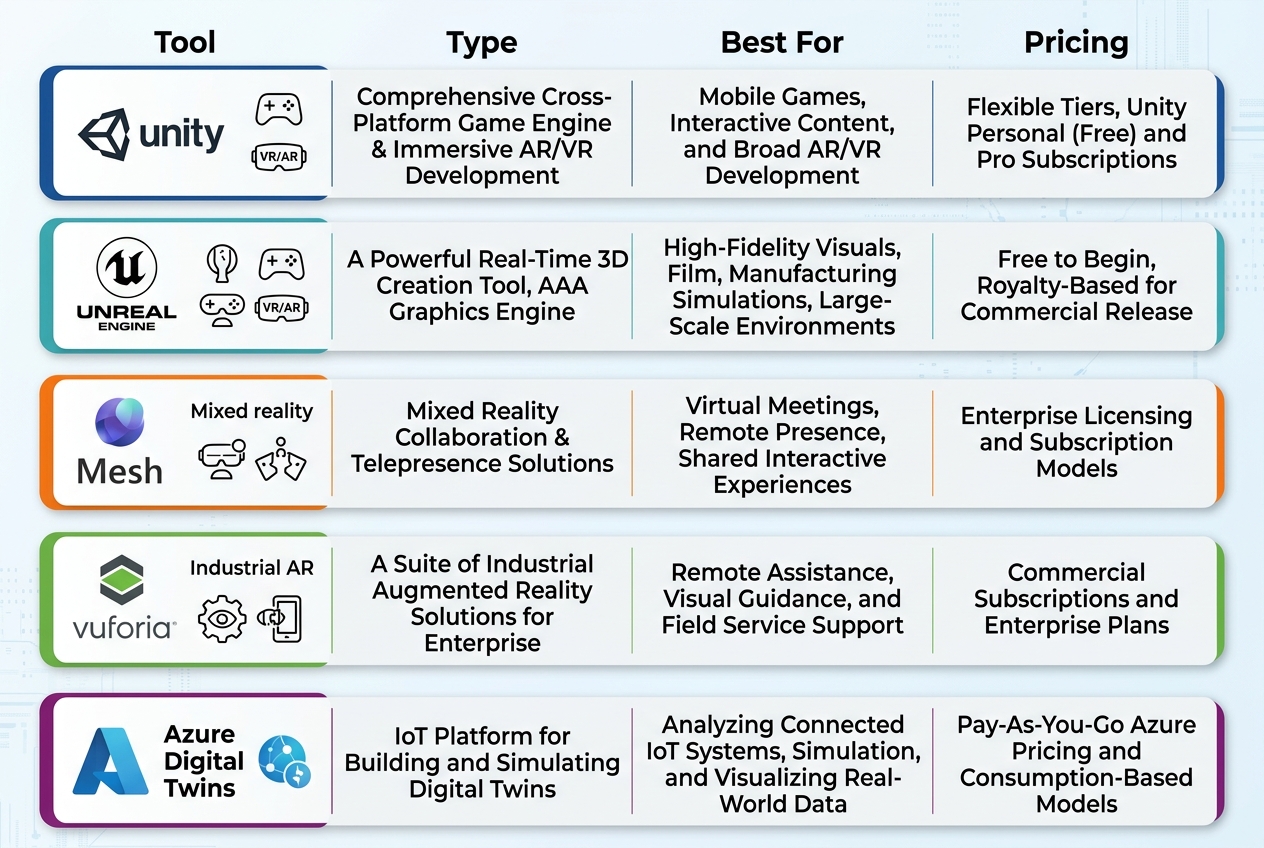 Comparison infographic of five immersive technology platforms Unity, Unreal Engine, Microsoft Mesh, PTC Vuforia, and Azure Digital Twins with columns for type, best for, and pricing.