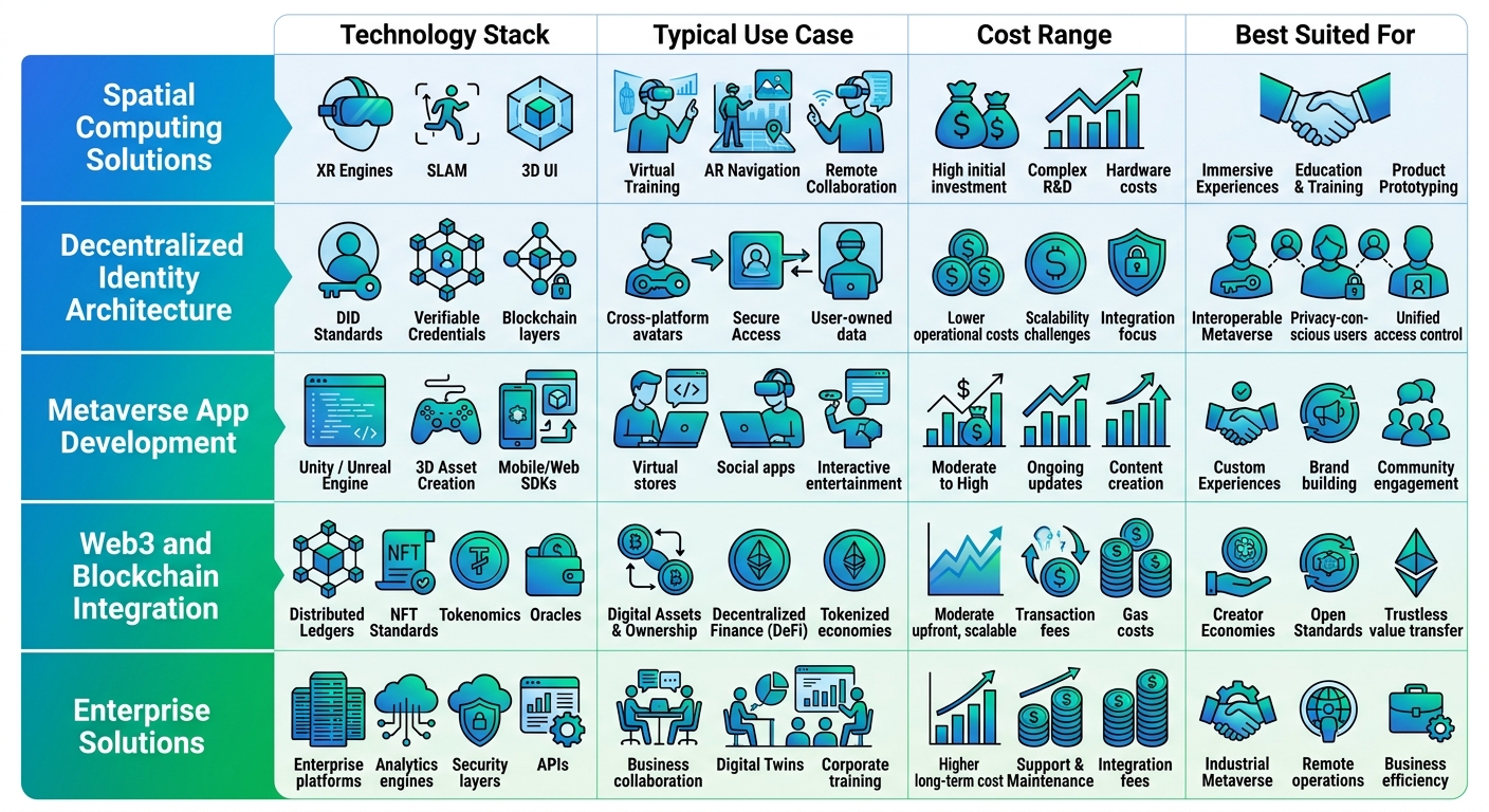 Infographic comparing five core metaverse development components: spatial computing, decentralized identity, metaverse app development, Web3 and blockchain integration, and enterprise solutions, using blue-to-green gradient rows and icons for technology stack and use case.
