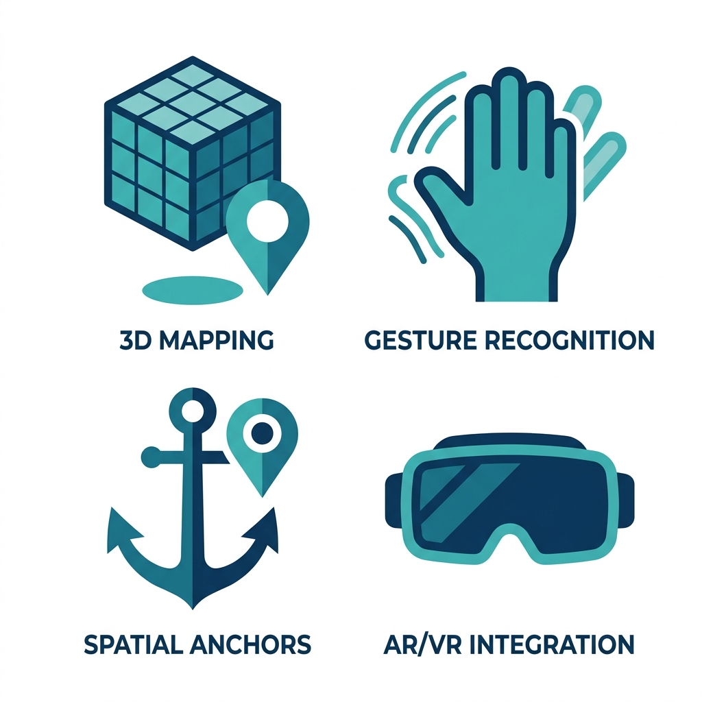 Four flat design icons representing spatial computing features: 3D mapping, gesture recognition, spatial anchors, and AR/VR integration, arranged horizontally on a white background with labels.