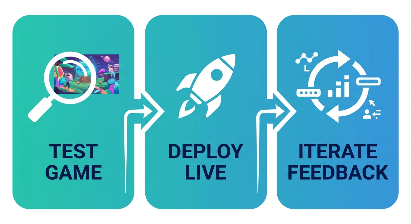 Horizontal process flow diagram for metaverse game development showing three stages: Test with a magnifying glass icon, Deploy with a rocket icon, and Iterate with circular arrows, connected by arrows within teal-to-blue gradient rounded rectangles.