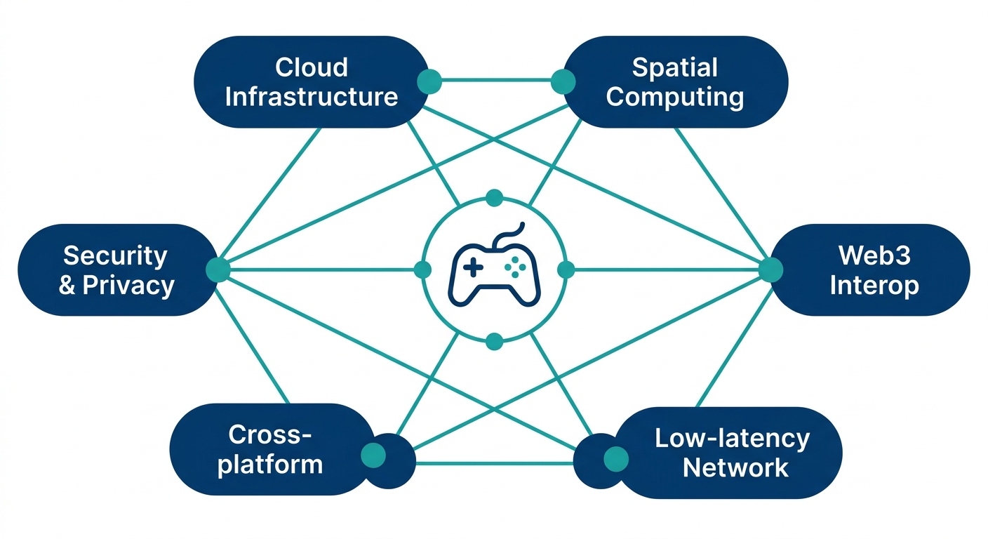 Infographic illustrating six foundational requirements for metaverse game development: cloud infrastructure, spatial computing architecture, Web3 asset interoperability, low-latency networking, cross-platform compatibility, and security and privacy, arranged in a hexagonal layout around a central game controller icon.