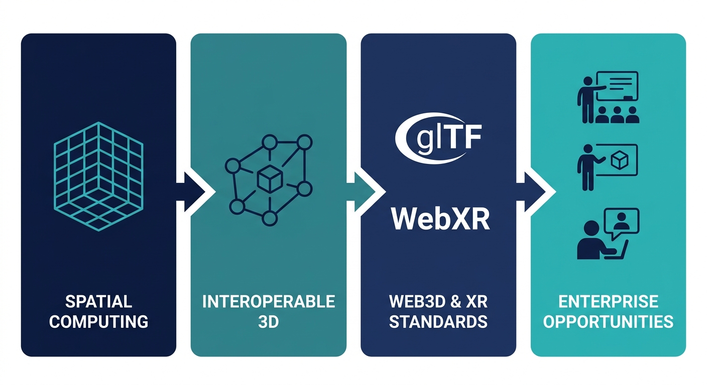 Horizontal process flow illustrating four stages of metaverse app development: Spatial Computing Architecture, Interoperable 3D Environments, Web3D & XR Standards, and Enterprise Opportunities, with icons and connecting arrows in navy and teal colors.