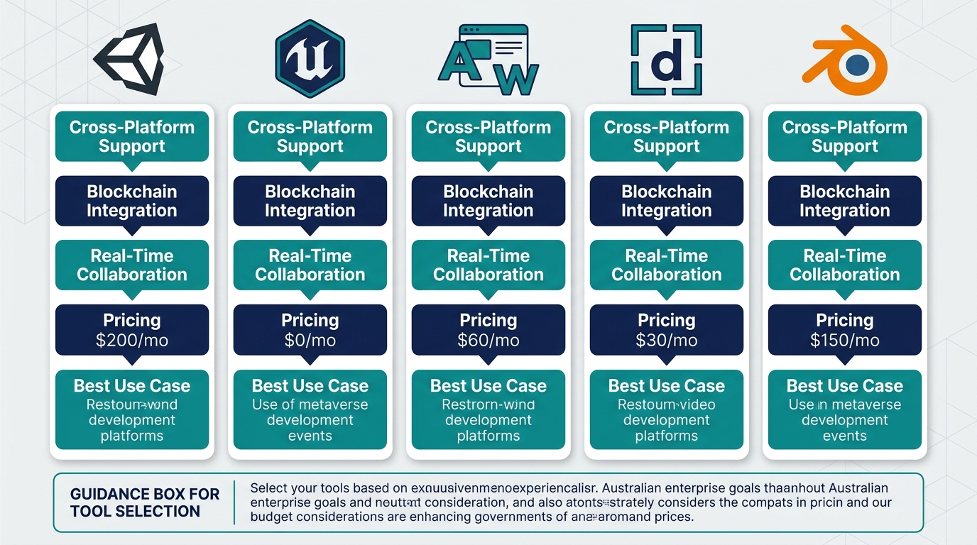 Side-by-side comparison infographic of five metaverse development platforms with colored feature callout boxes and a bottom guidance panel for Australian enterprise projects.