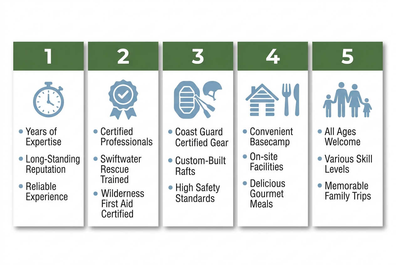 Infographic displaying five competitive advantages of Freak’n Creek’n adventure tours: 30+ years of experience, professional guide certifications, USCG-approved equipment, on-site basecamp with gourmet restaurant, and family-friendly trips for all skill levels.