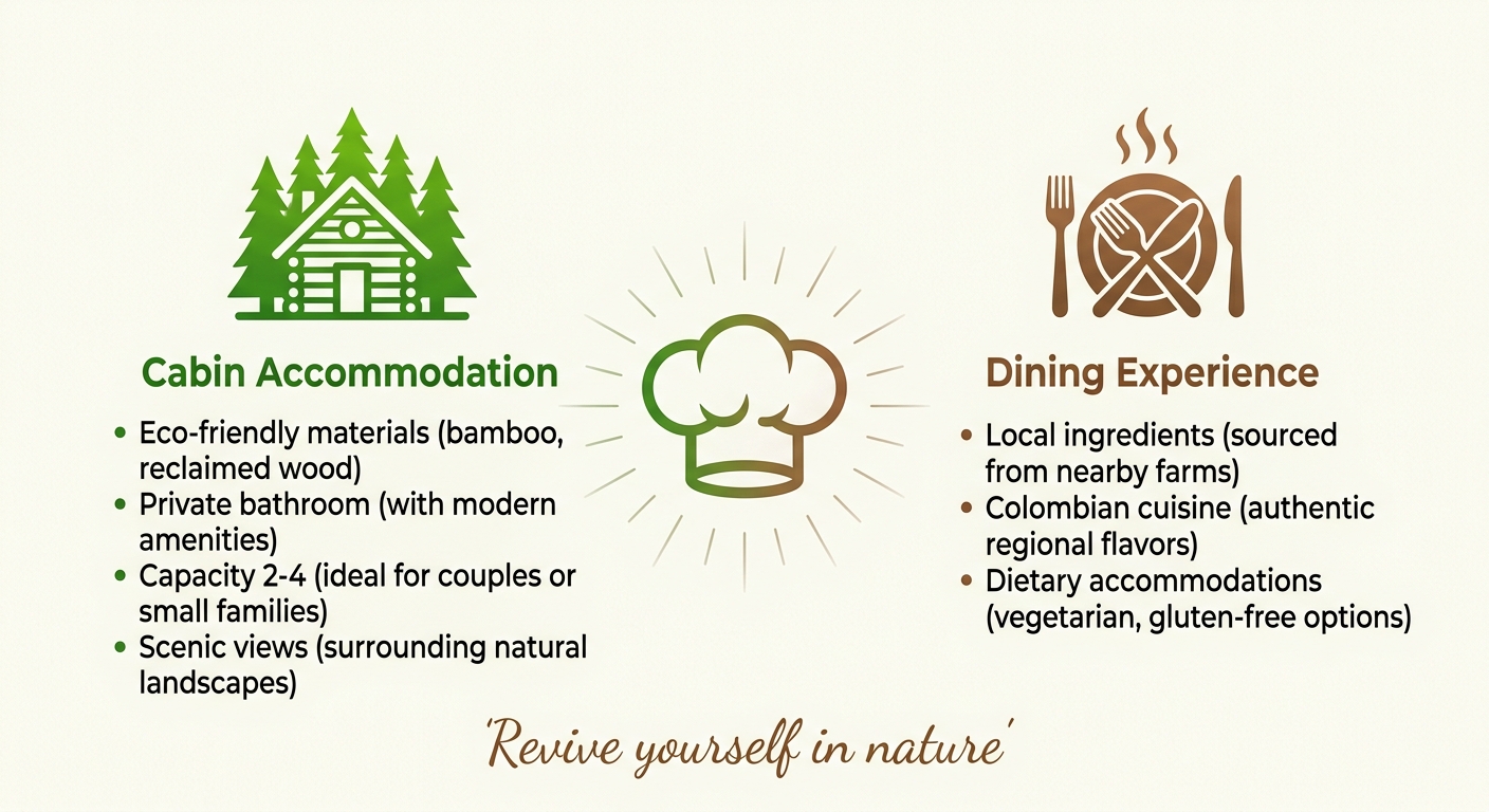 Infographic showing private cabins with eco-friendly features and gourmet dining with Colombian cuisine at Freak’n Creek’n basecamp in Cocorná, Antioquia