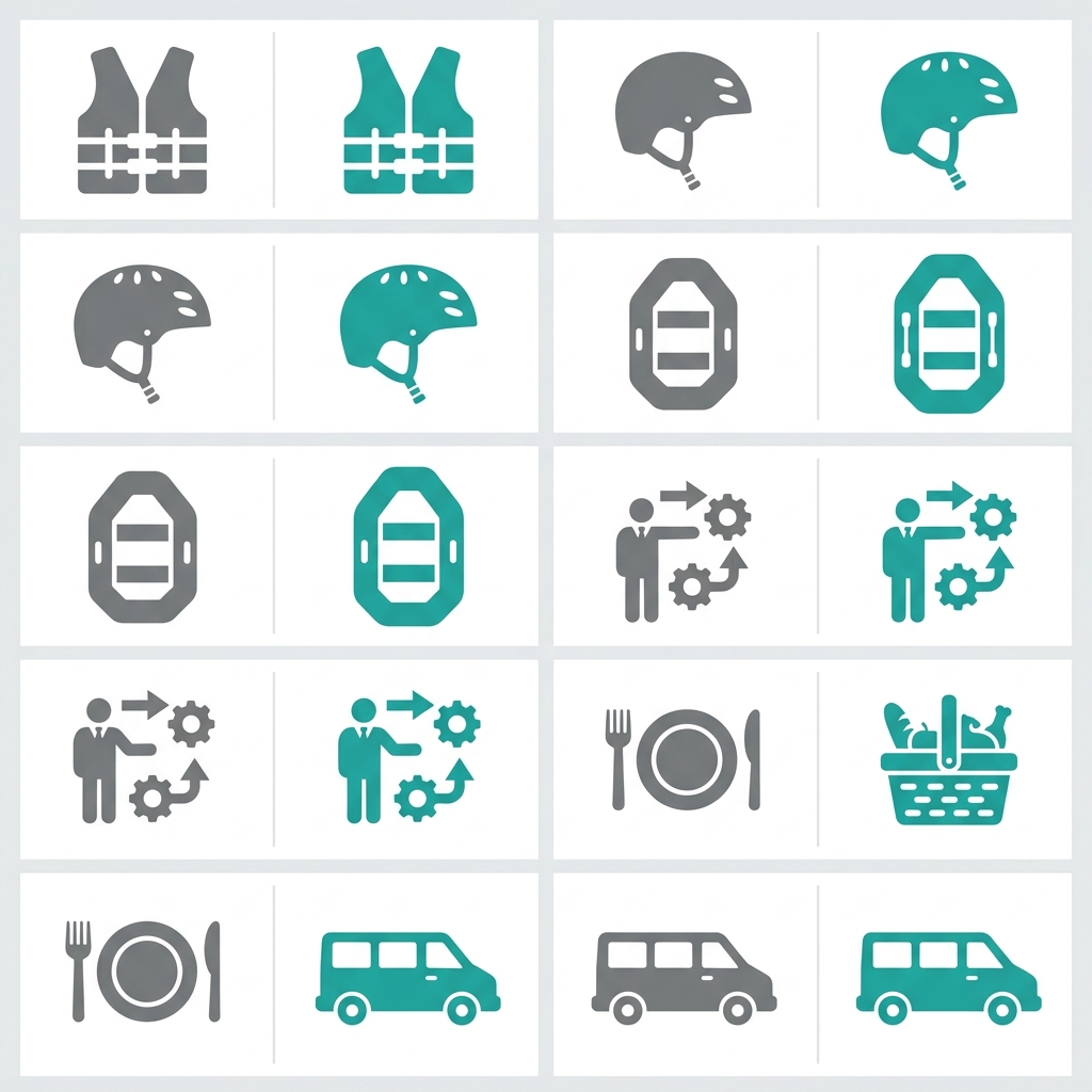 Comparison icon grid showing six standard equipment and service icons in gray versus Freak'n Creek'n premium inclusions in teal, including life jacket, helmet, raft, guide training, meals, and transport.