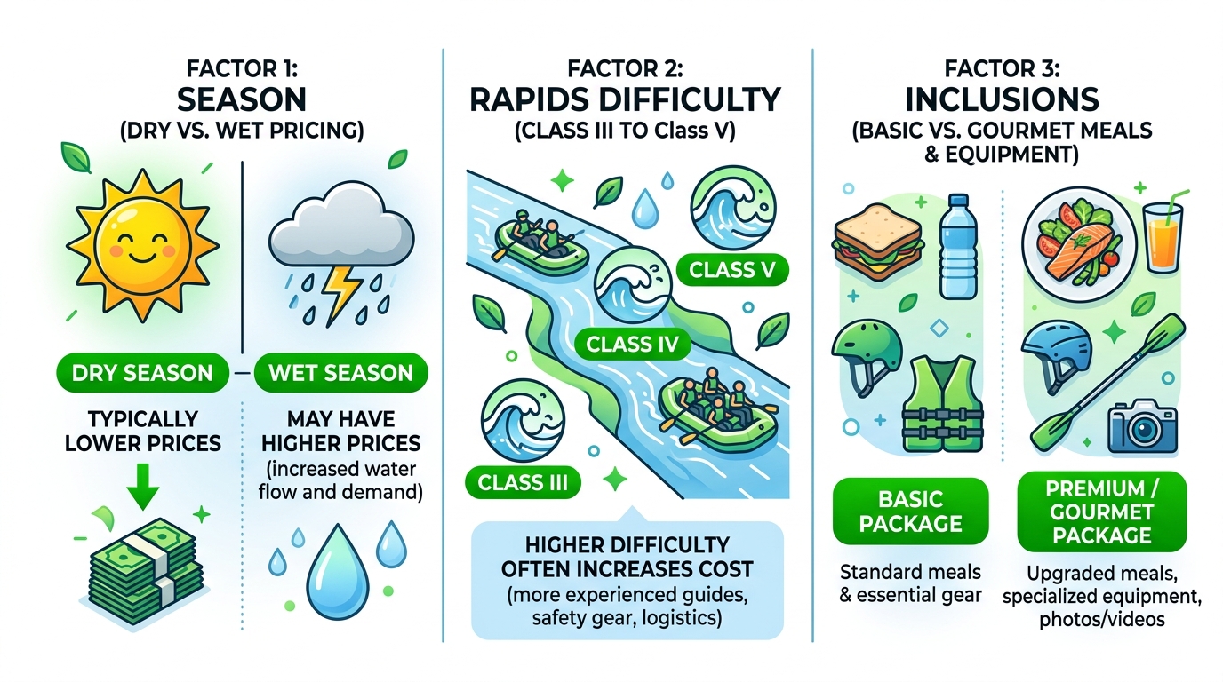 Infographic showing three factors that shape Suarez River rafting costs: season, rapids difficulty, and inclusions, with nature icons and green and blue tones
