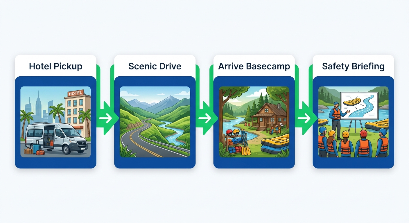 Process flow showing four steps from Medellín hotel pickup to adventure start at Cocorná basecamp