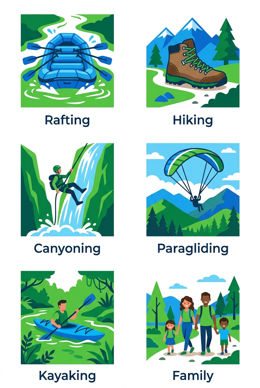 Icons of whitewater rafting, hiking, canyoning, paragliding, kayaking, and family activities on a white background.