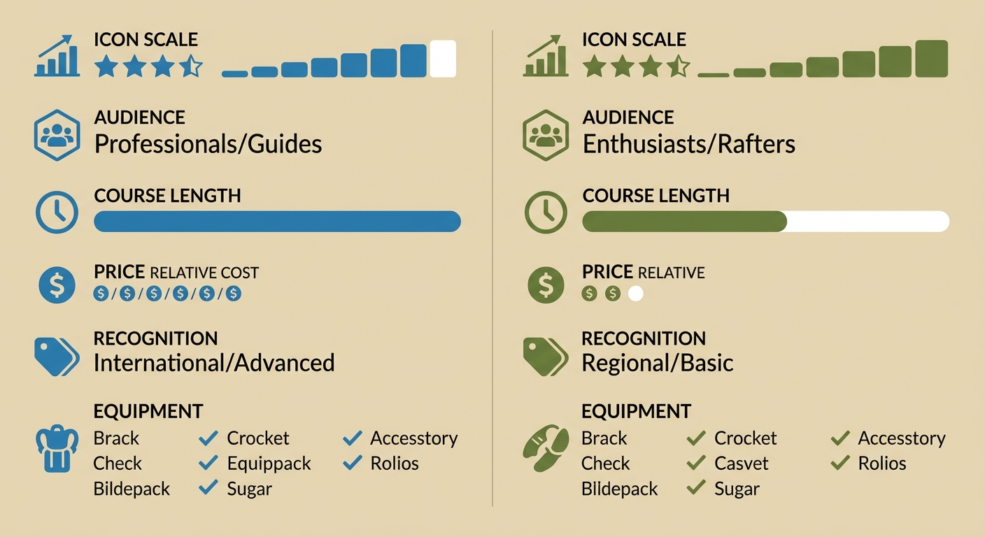 Comparison of Swiftwater Rescue Technician and River Rescue Technician certifications in Colombia, highlighting duration, audience, and cost.