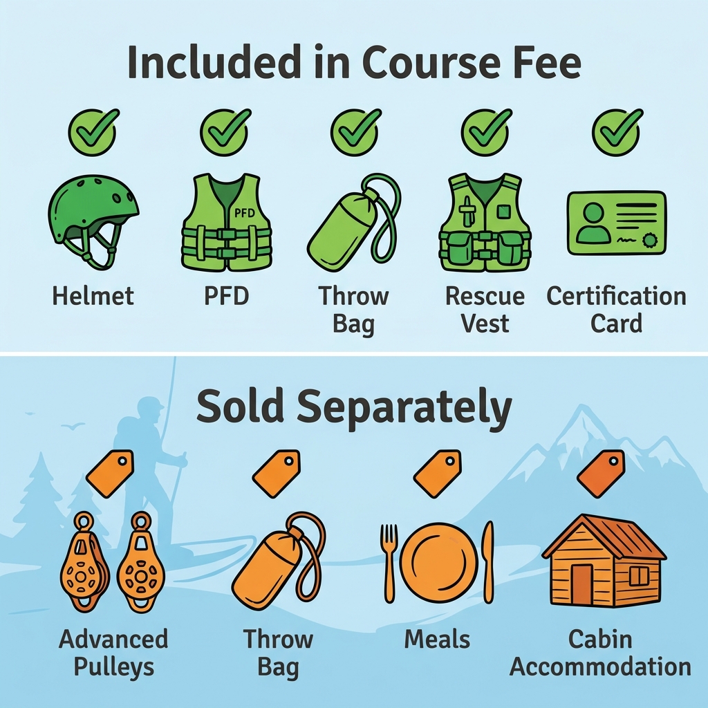 Infographic split into Included in Course Fee and Sold Separately sections showing river rescue certification gear with flat icons against an adventure backdrop.