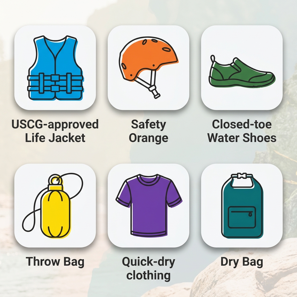 Six outline-style safety and gear icons for Class IV rafting arranged in a grid