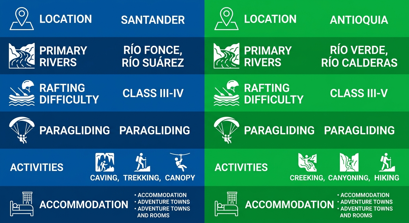 Side-by-side comparison infographic: San Gil (left, blue column) vs Cocorná (right, green column) for adventure bases in Colombia.