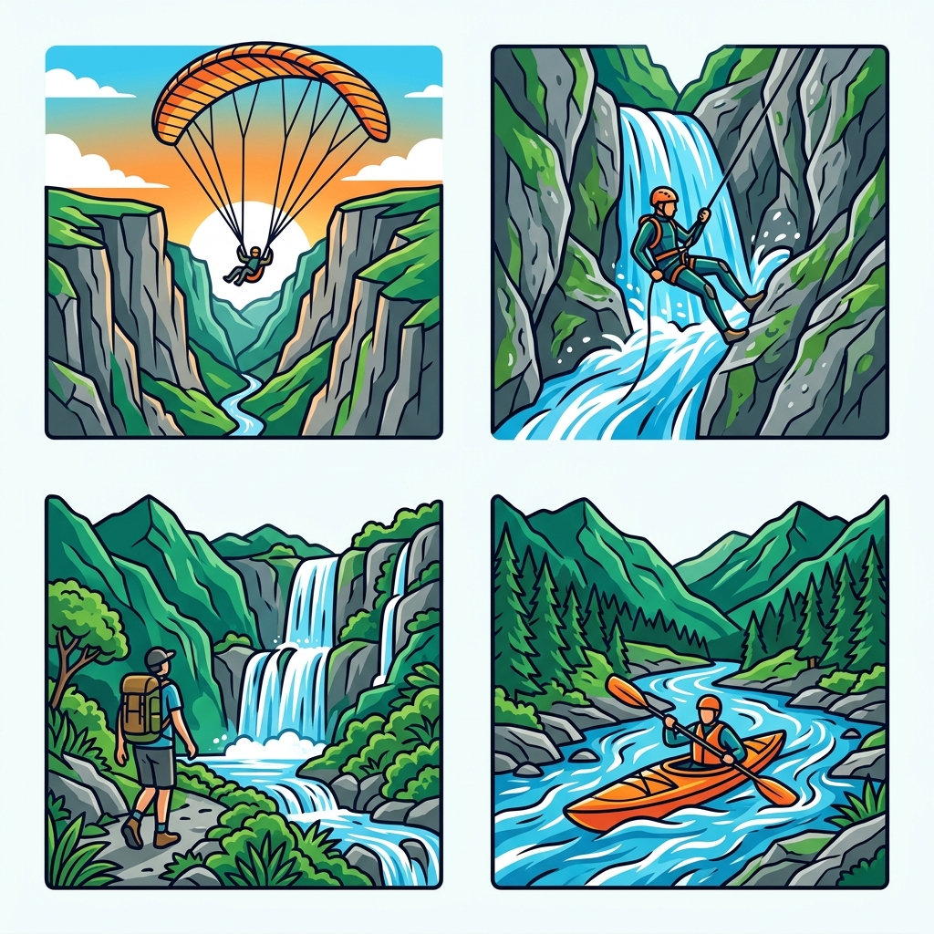 Icon set: paragliding over canyon, canyoning in waterfall gorge, hiking to cascades, kayaking on river. No text.