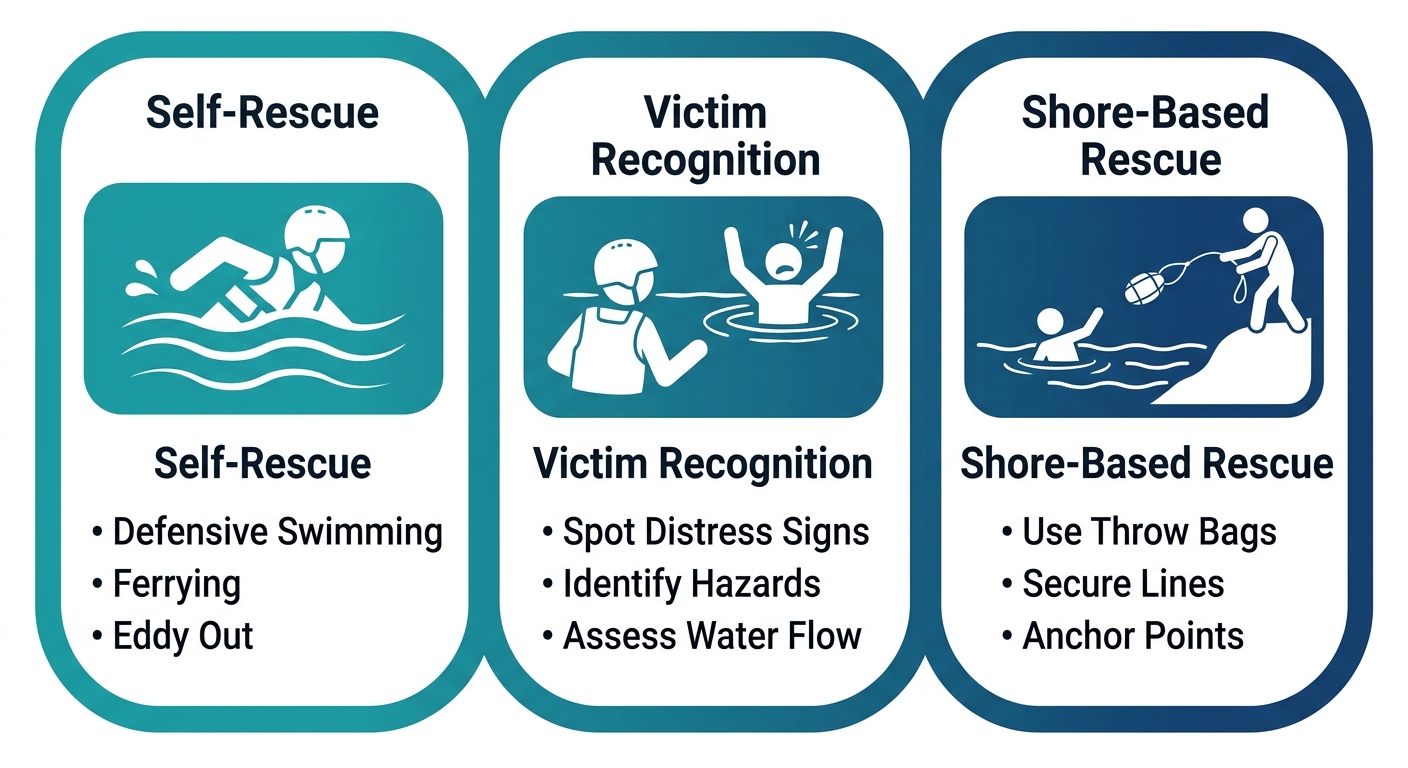 Three-step process flow for swiftwater rescue training: self-rescue, victim recognition, shore-based rescue with labeled stages and arrows.