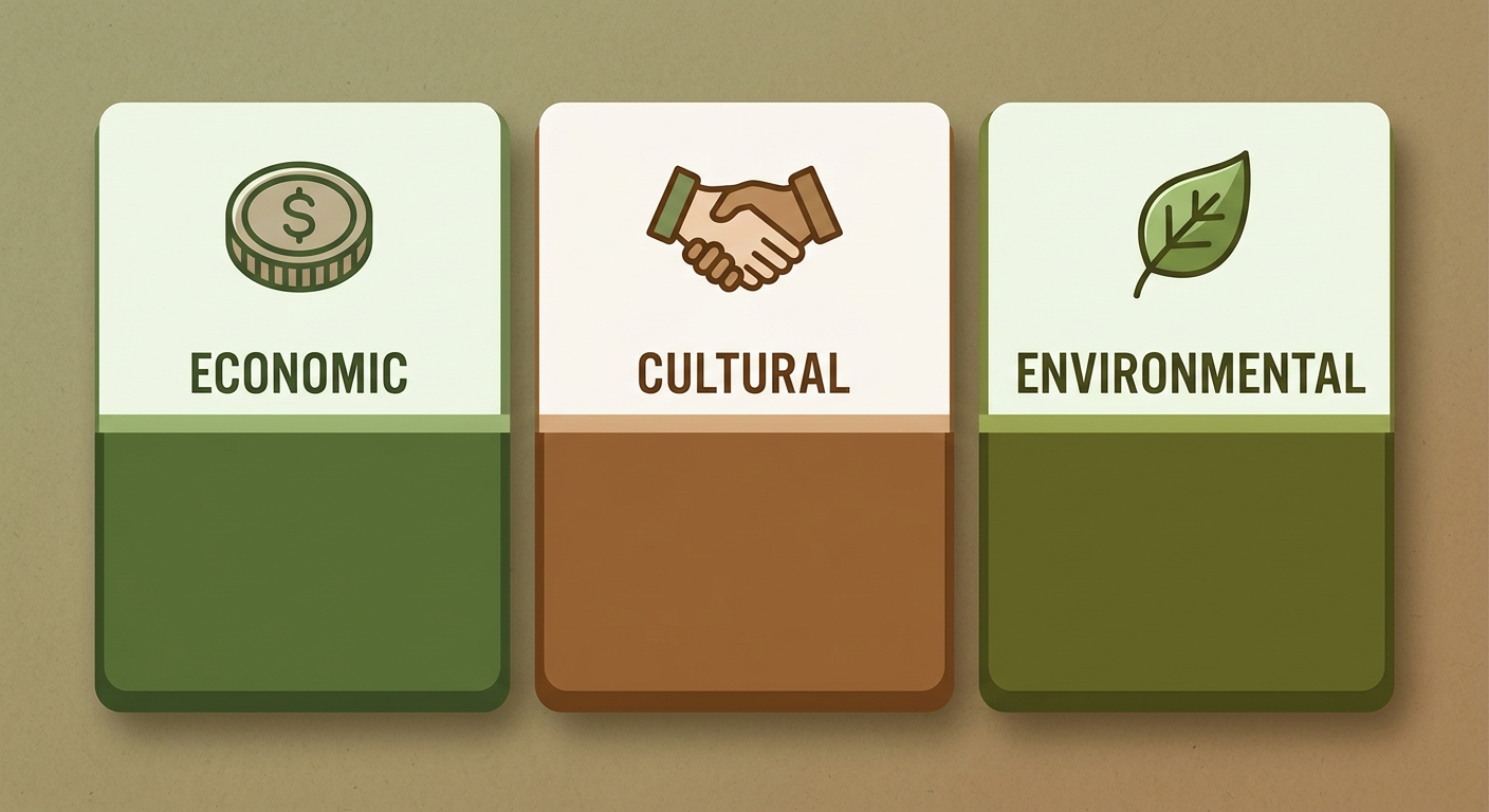 Tres tarjetas de datos de infografía que ilustran los beneficios del turismo comunitario en Antioquia: tarjeta económica con icono de moneda, tarjeta cultural con icono de apretón de manos, tarjeta ambiental con icono de hoja.