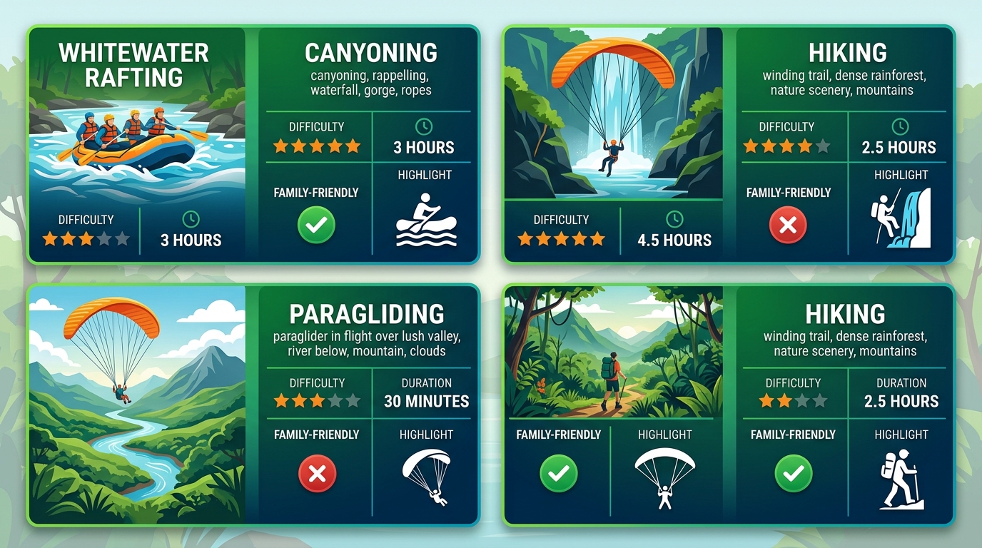Infographic comparing four adventure activities at Rio Claro Reserve: whitewater rafting, canyoning, paragliding, and hiking, with difficulty, duration, family-friendly and highlight indicators in green and blue color scheme.