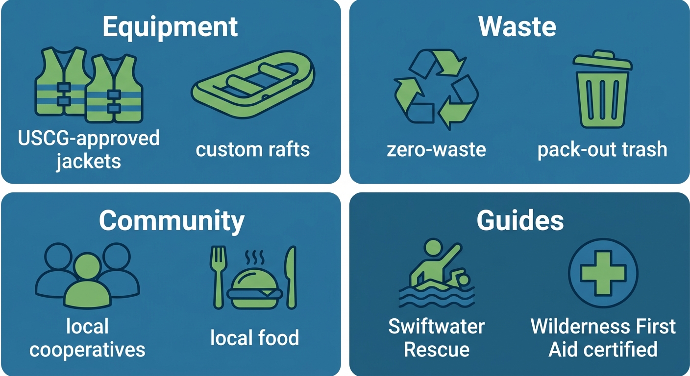 Infographic with four criteria for choosing sustainable river expeditions: Equipment, Waste, Community, and Guides, arranged in a 2x2 grid with icons.
