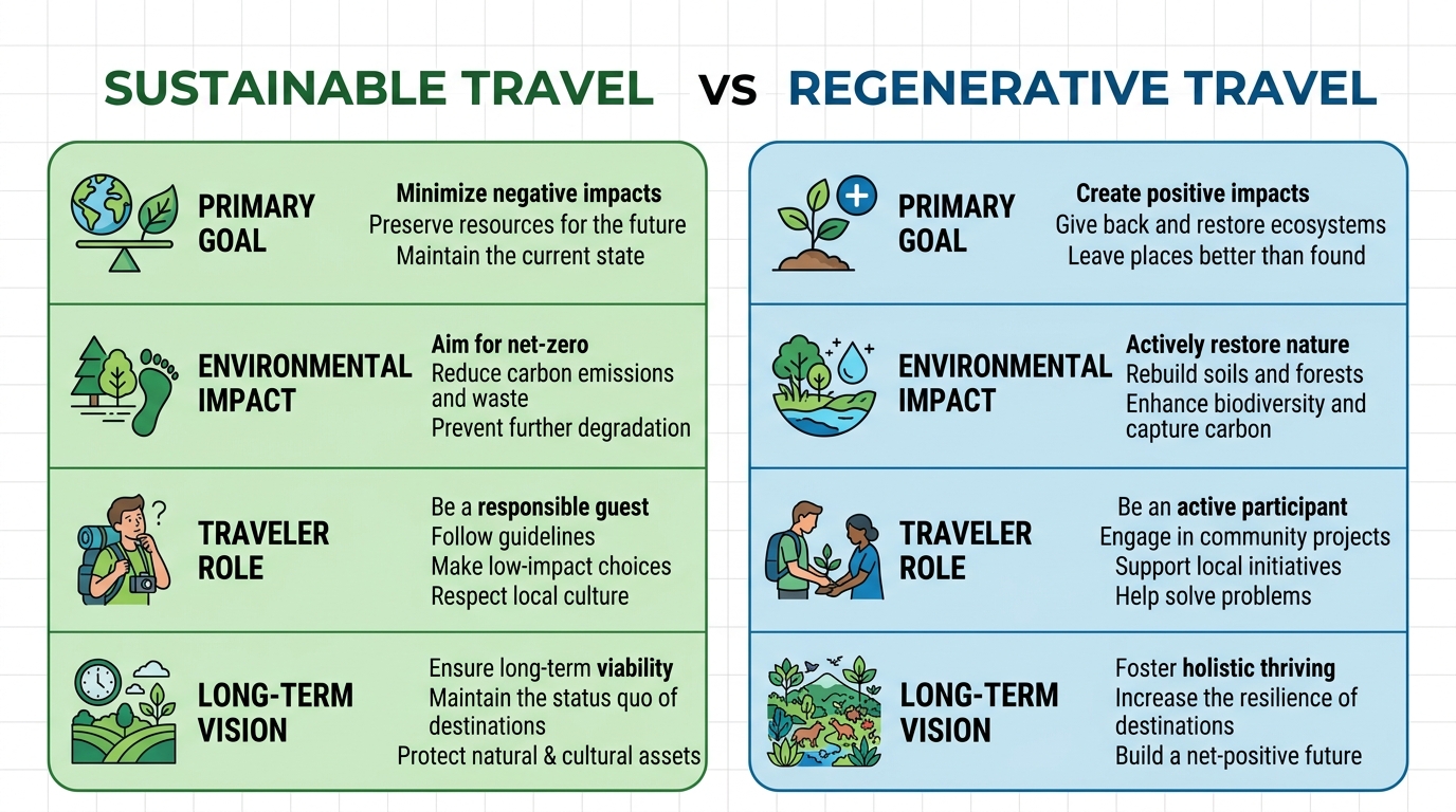 Comparison chart of Sustainable Travel versus Regenerative Travel showing four aspects: Primary Goal, Environmental Impact, Traveler Role, and Long-term Vision. Green column for sustainable, blue column for regenerative with icons and labels.