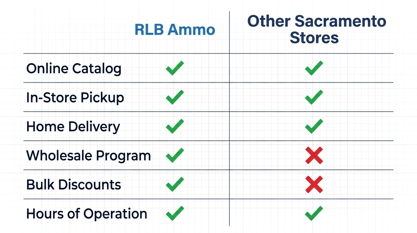 Comparison table infographic showing RLB Ammo features versus other Sacramento ammunition stores across six categories.