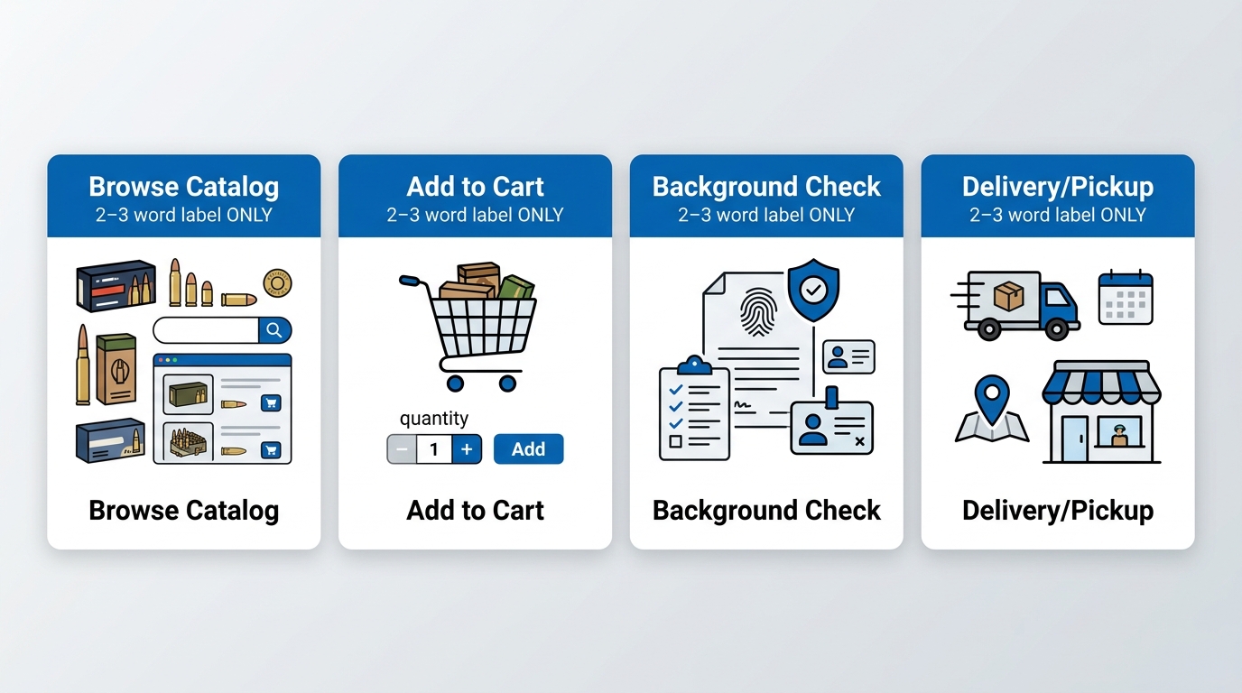 Process flow diagram with four steps for buying ammunition at RLB Ammo: browse catalog, add to cart, background check, and delivery or pickup.