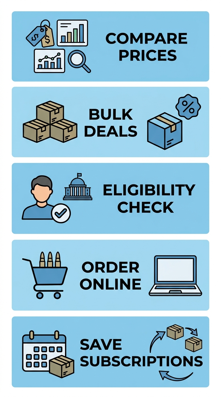 Vertical process flow illustrating five steps to buy cheap ammunition in Sacramento, including compare prices, bulk deals, eligibility check, order online, and save with subscriptions.