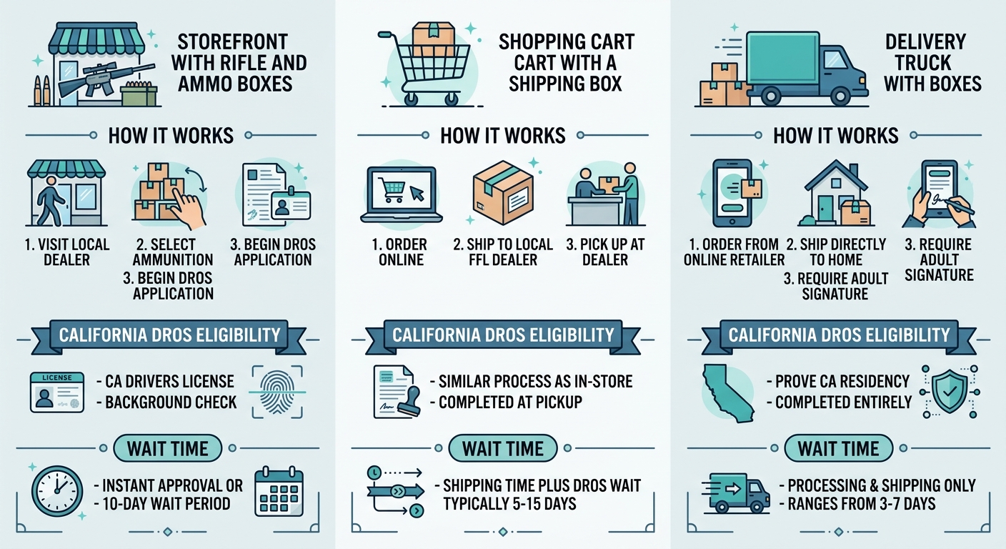 Comparison infographic of three ammunition buying methods in Sacramento: in-store purchase, online order with in-store pickup, and home delivery, each with process steps, DROS eligibility badge, and wait time indicator.