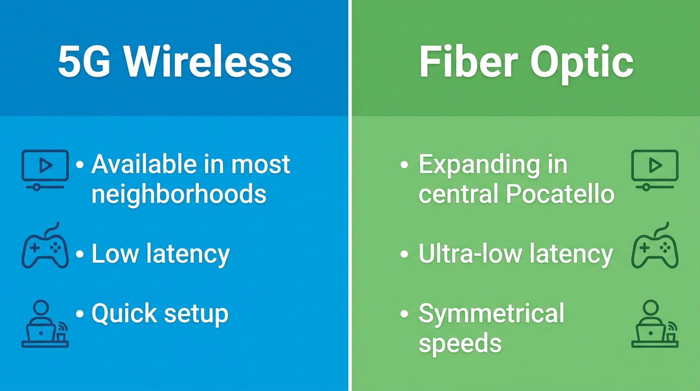 Infographic comparing 5G Wireless and Fiber Optic internet services for Pocatello homes.