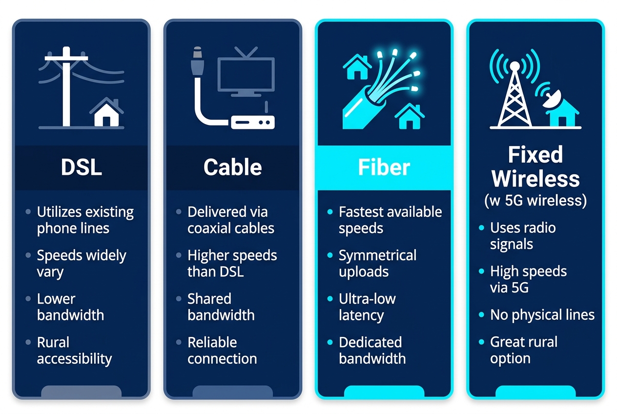 Infographic comparing four home internet types available in Chubbuck: DSL, cable, fiber, and fixed wireless. Fiber and 5G wireless are highlighted.