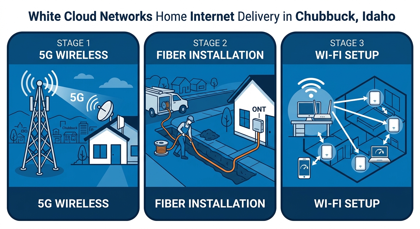 Step-by-step diagram of White Cloud Networks home internet delivery in Chubbuck: 5G wireless signal from tower to receiver, fiber installation, and Wi-Fi mesh setup.