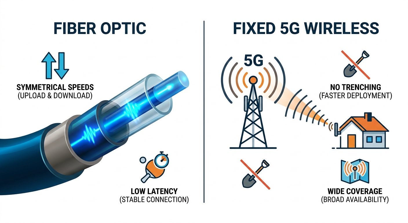Side-by-side comparison of fiber optic and fixed 5G wireless internet connections with labeled panels and icons