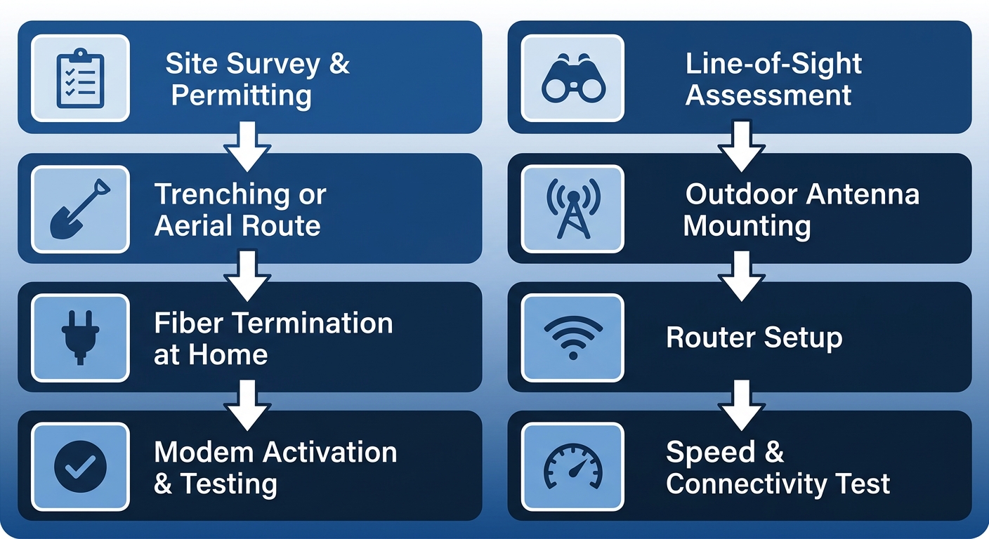 Vertical two-column process-flow comparing fiber optic and 5G wireless internet installation steps in Pocatello.