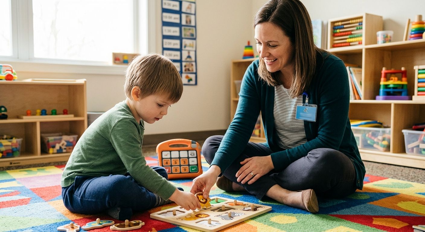 ABA therapist gently guiding a child with autism while doing a puzzle in a bright therapy room
