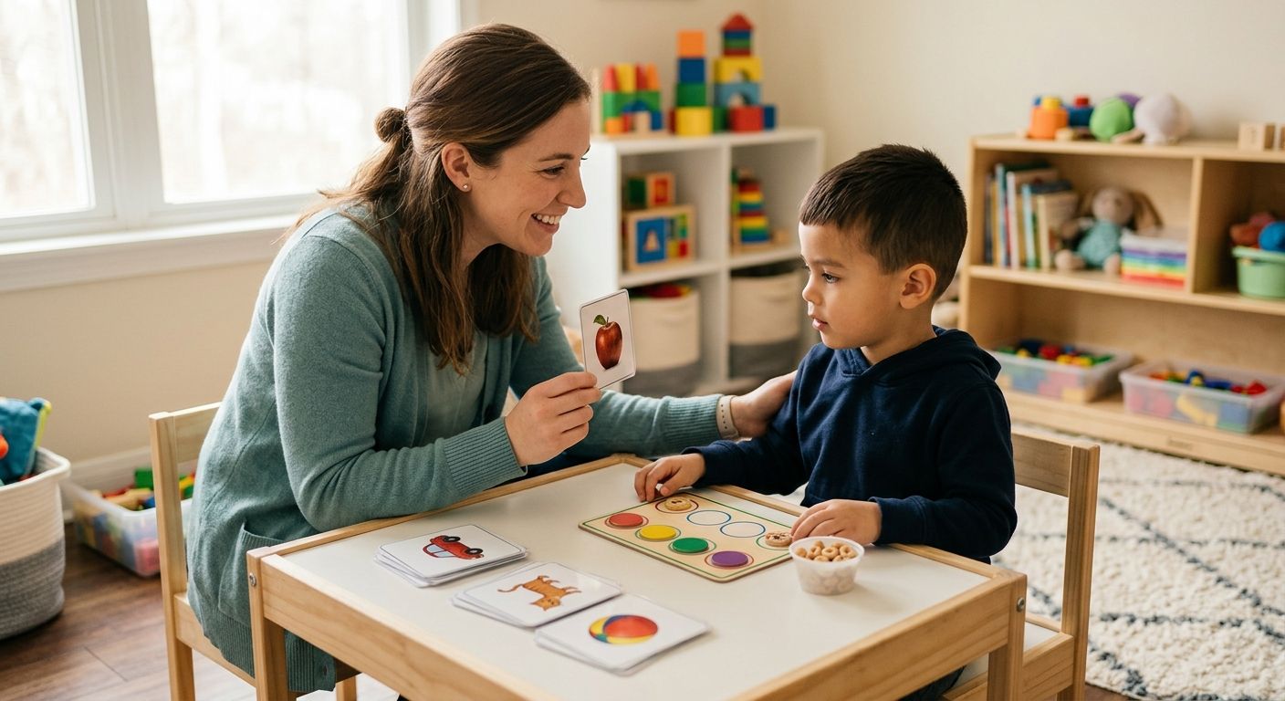A female therapist conducting Discrete Trial Training with a young child in a colorful clinic setting, using stimulus cards and a token board