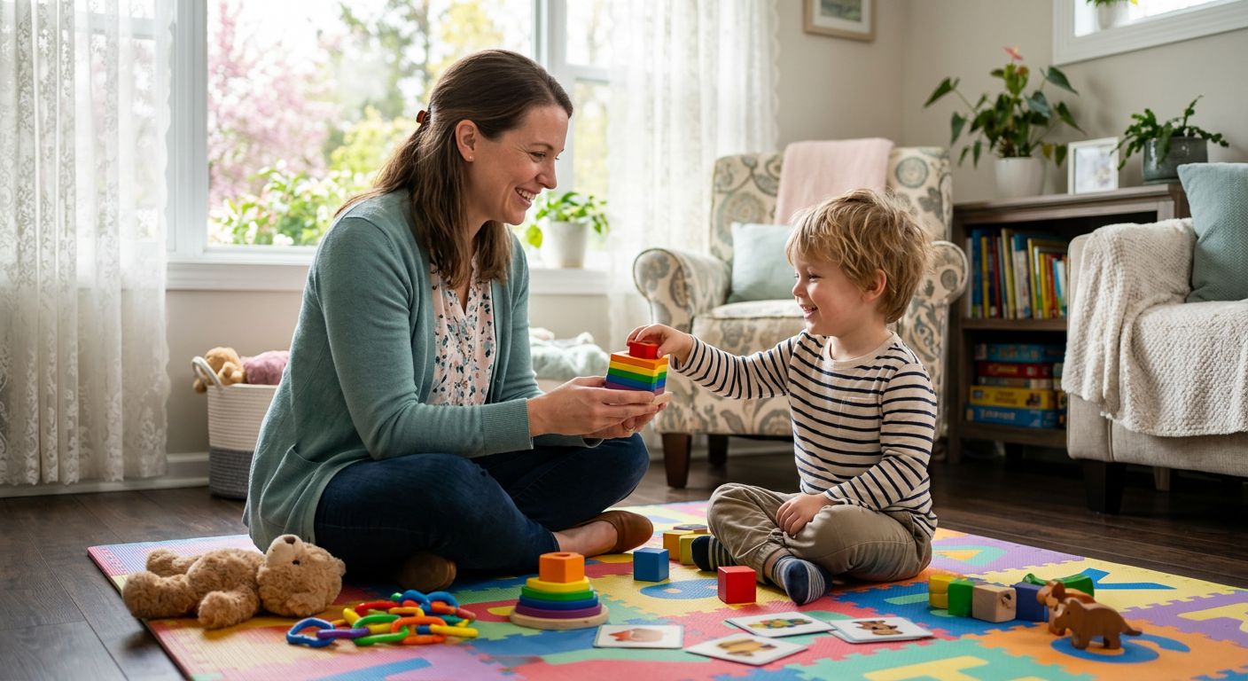 Warm in-home ABA therapy session with therapist and child on play mat in bright living room
